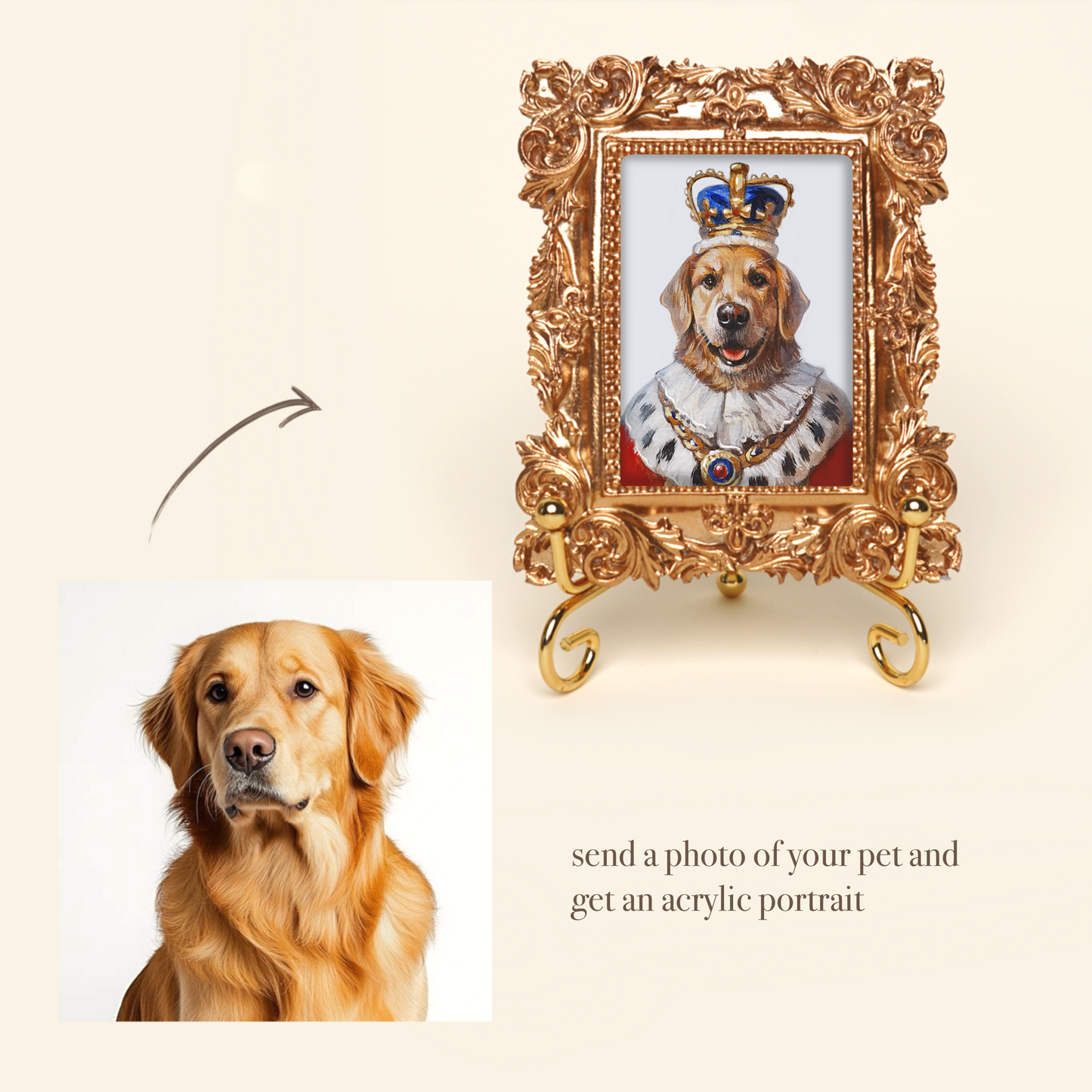 Mini Custom Hand-Painted Pet Portrait in Regal Costume, Acrylic with Gold Vintage Frame