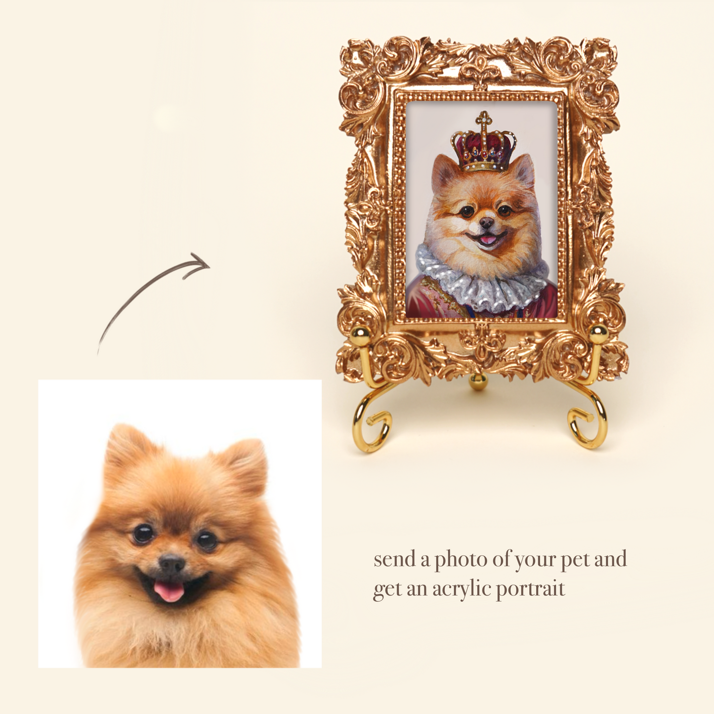 Mini Custom Hand-Painted Pet Portrait in Regal Costume, Acrylic with Gold Vintage Frame