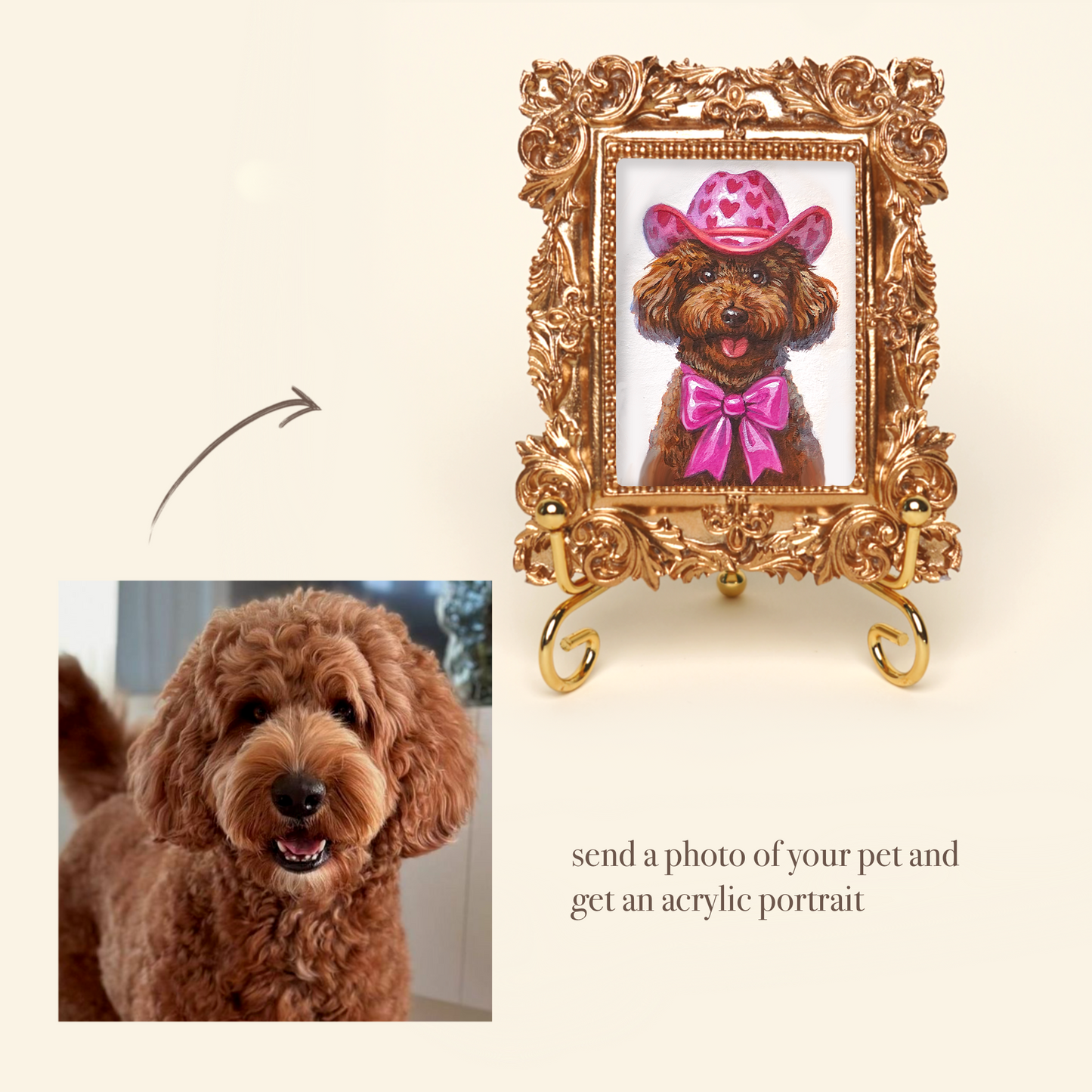 Mini Custom Hand-Painted Pet Portrait in Regal Costume, Acrylic with Gold Vintage Frame