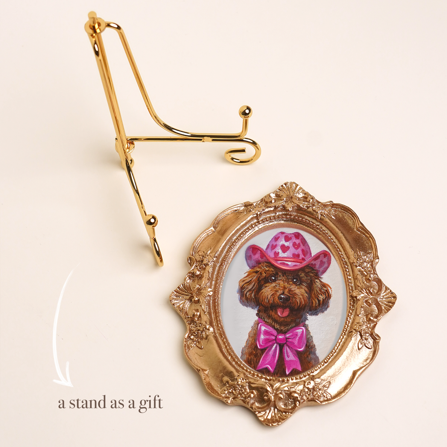 Personalized Pet Portrait in Costume, Mini Acrylic Painting with Gold Vintage Frame