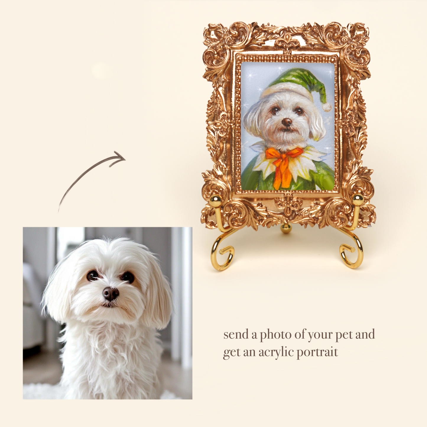 Mini Custom Hand-Painted Pet Portrait in Regal Costume, Acrylic with Gold Vintage Frame