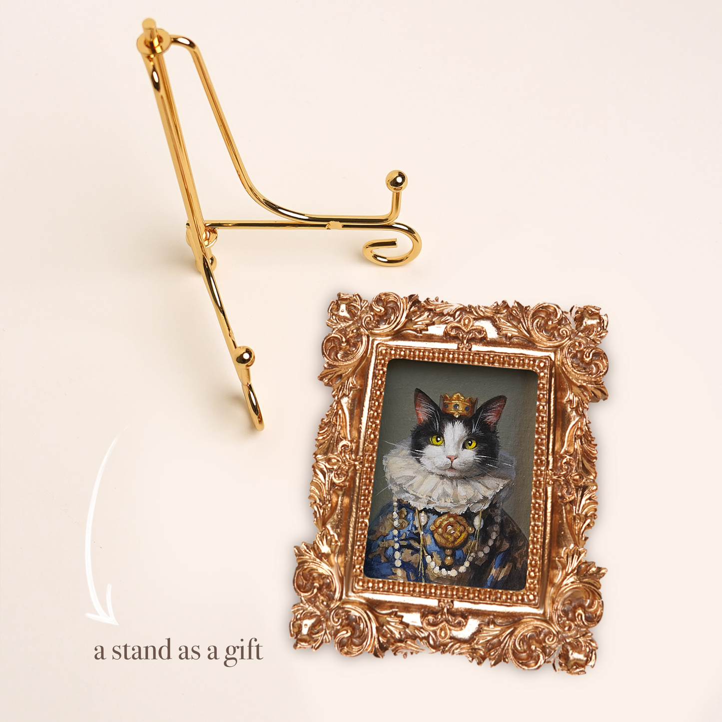 Mini Custom Hand-Painted Pet Portrait in Regal Costume, Acrylic with Gold Vintage Frame