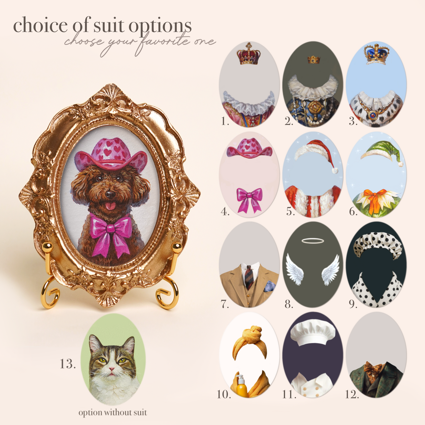Personalized Pet Portrait in Costume, Mini Acrylic Painting with Gold Vintage Frame