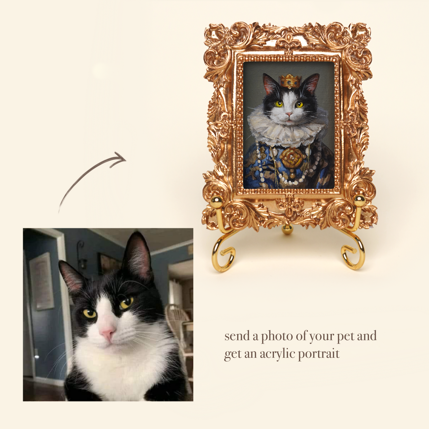 Mini Custom Hand-Painted Pet Portrait in Regal Costume, Acrylic with Gold Vintage Frame