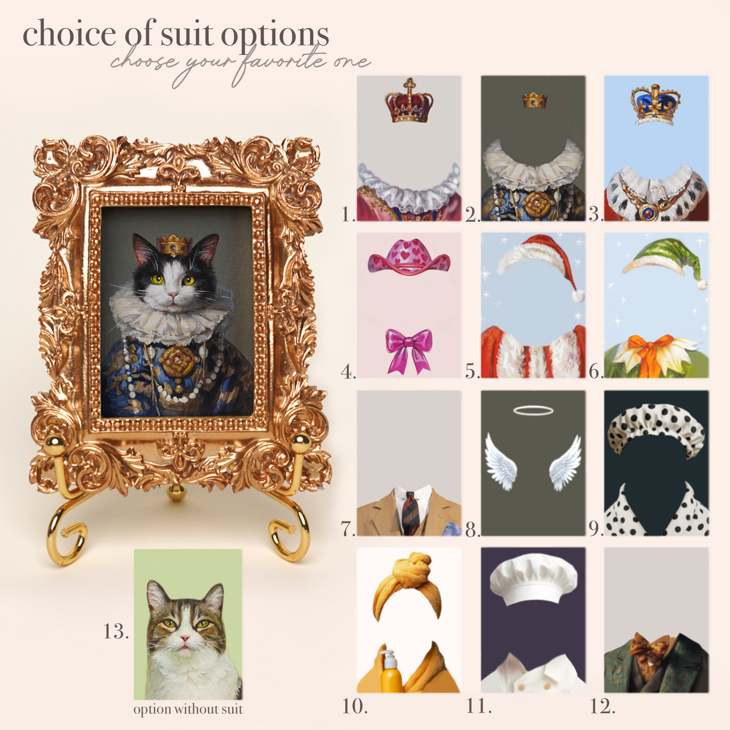 Mini Custom Hand-Painted Pet Portrait in Regal Costume, Acrylic with Gold Vintage Frame