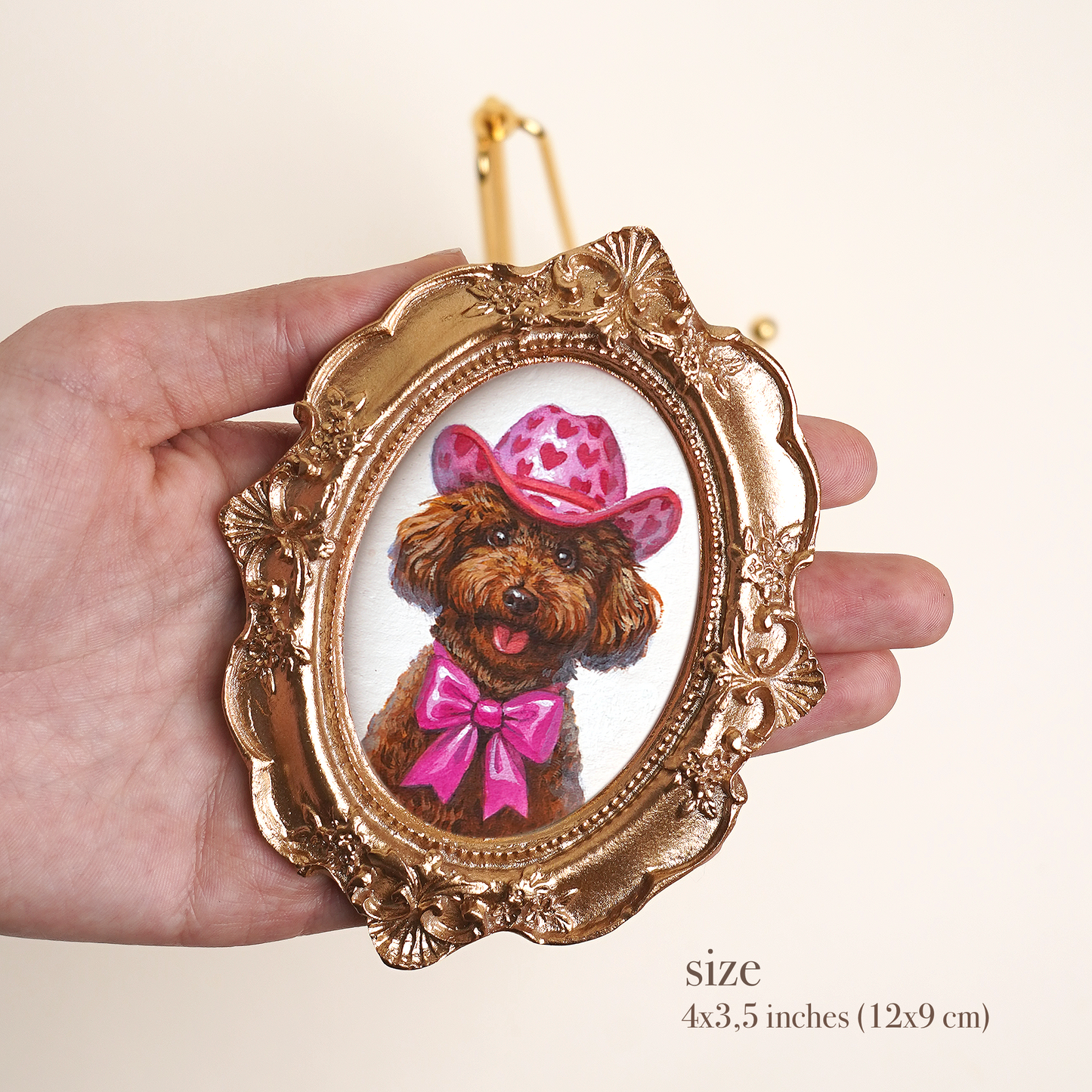 Personalized Pet Portrait in Costume, Mini Acrylic Painting with Gold Vintage Frame