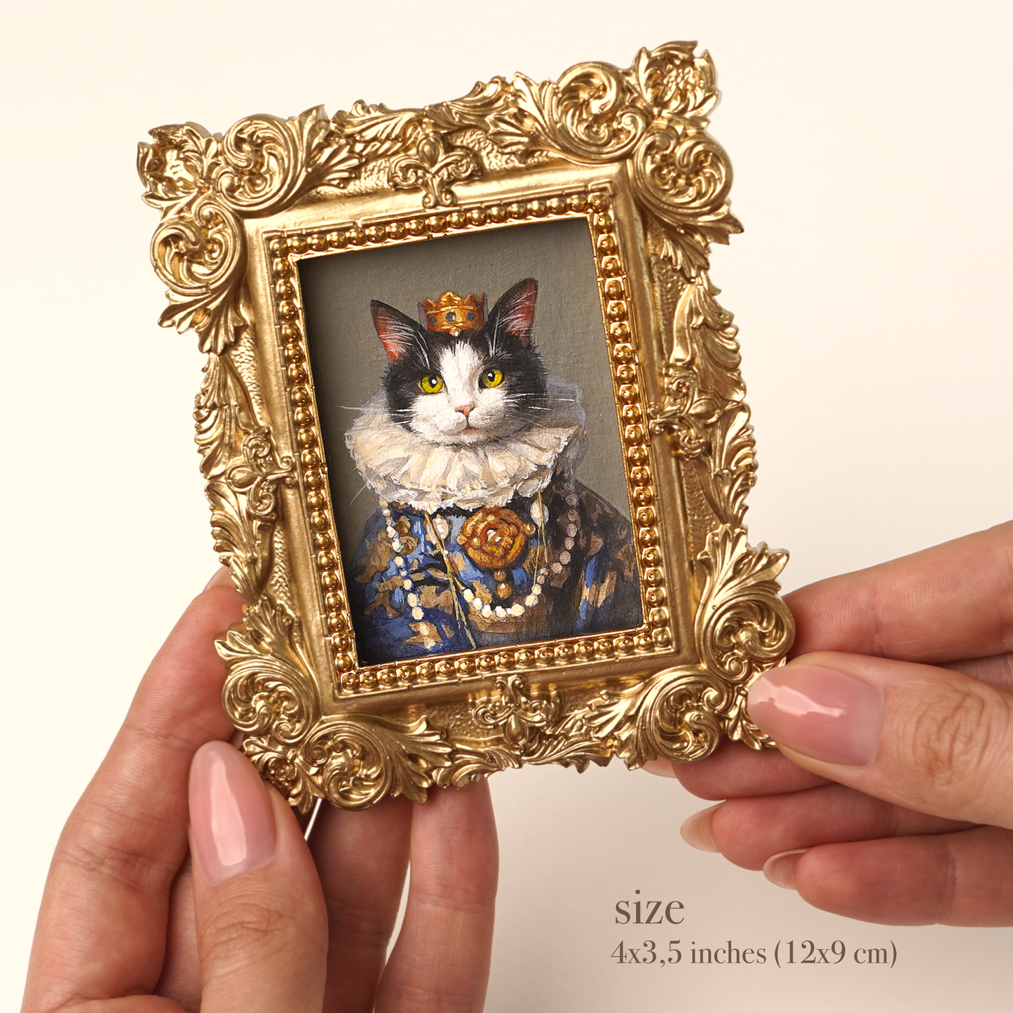 Mini Custom Hand-Painted Pet Portrait in Regal Costume, Acrylic with Gold Vintage Frame