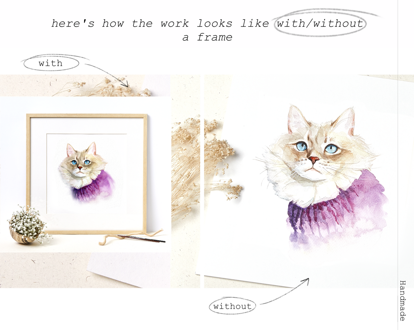 Custom Handmade Watercolor Cat Portrait