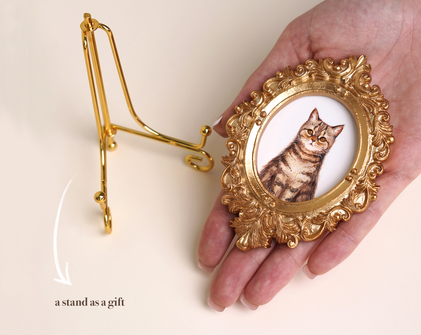 Custom Handmade Acrylic Pet Portrait in a Gold-Colored Vintage Rectangular Frame