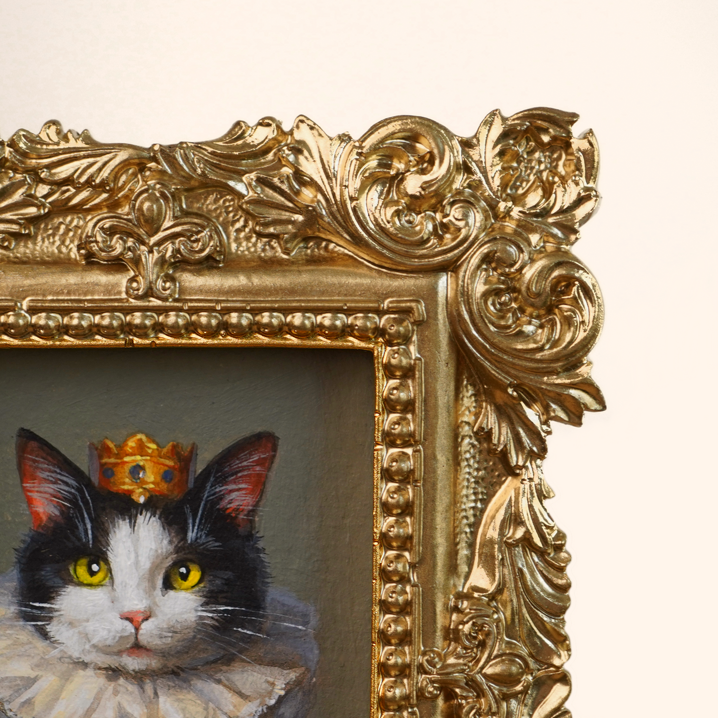 Mini Custom Hand-Painted Pet Portrait in Regal Costume, Acrylic with Gold Vintage Frame