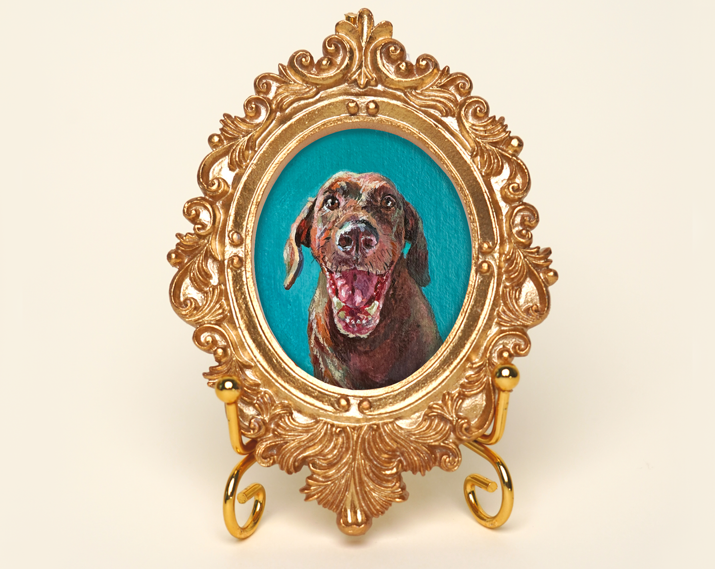 Custom Handmade Acrylic Pet Portrait in a Gold-Colored Vintage Rectangular Frame
