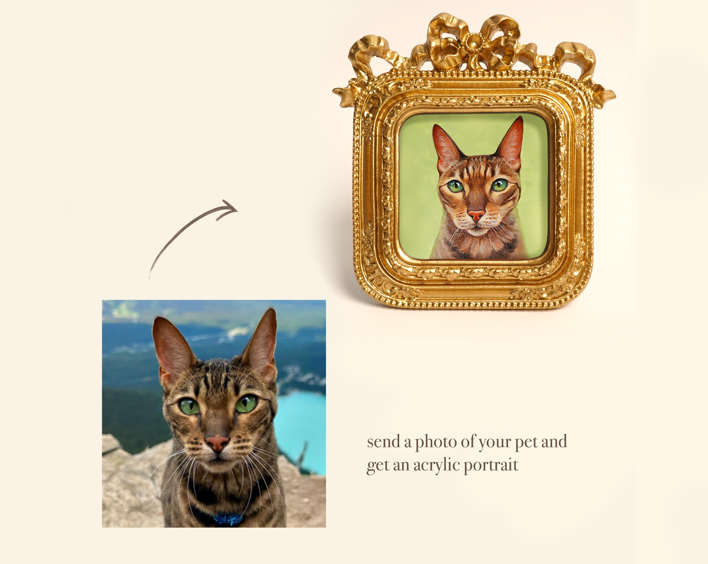 Custom Hand-Painted Acrylic Pet Portrait in a Gold-Colored Vintage Frame