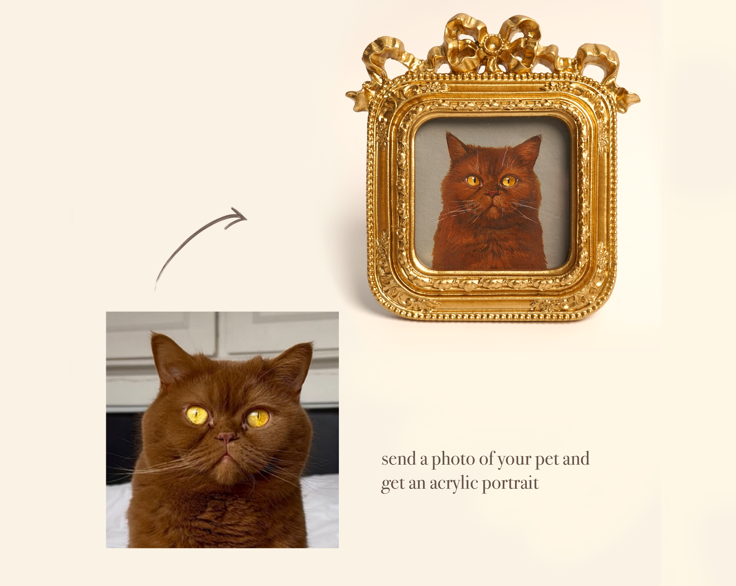 Custom Hand-Painted Acrylic Pet Portrait in a Gold-Colored Vintage Frame