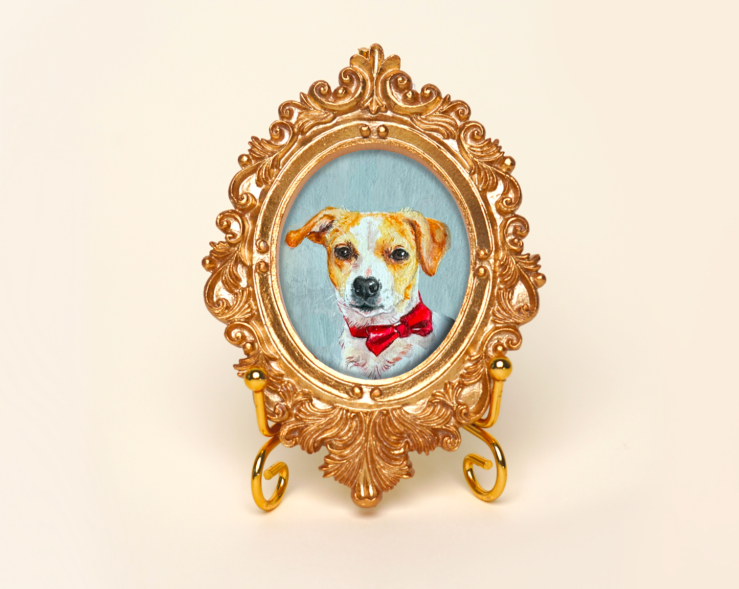 Custom Handmade Acrylic Pet Portrait in a Gold-Colored Vintage Rectangular Frame