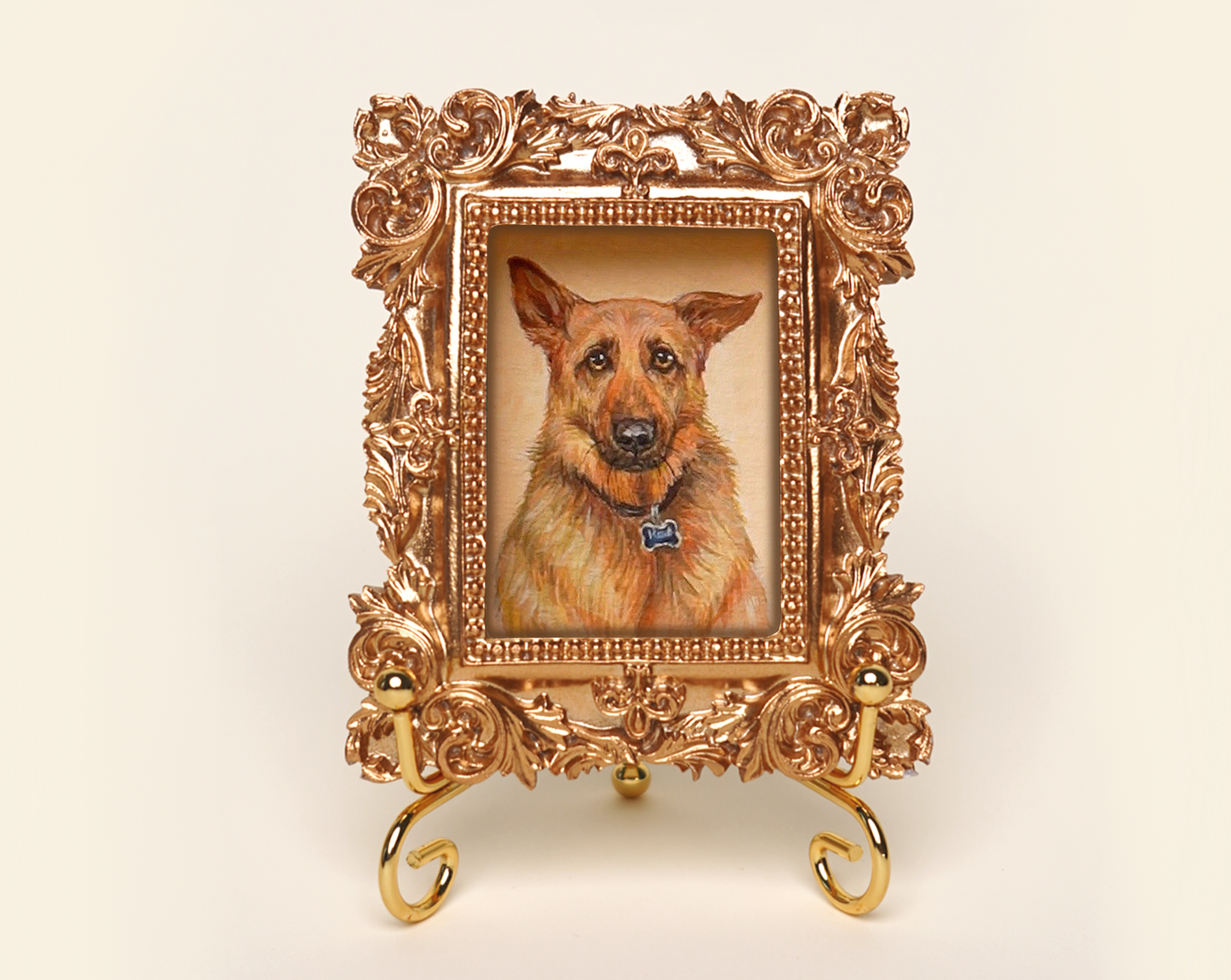 Custom Handmade Acrylic Pet Portrait in a Gold-Colored Vintage Rectangular Frame