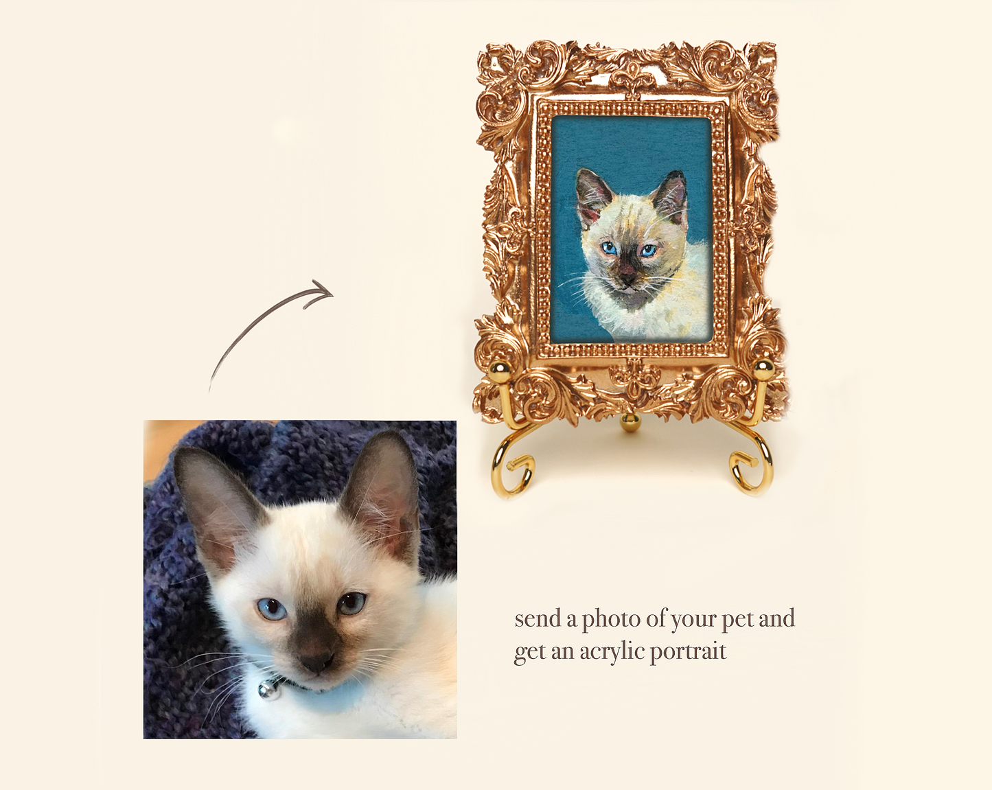 Custom Handmade Acrylic Pet Portrait in a Gold-Colored Vintage Rectangular Frame