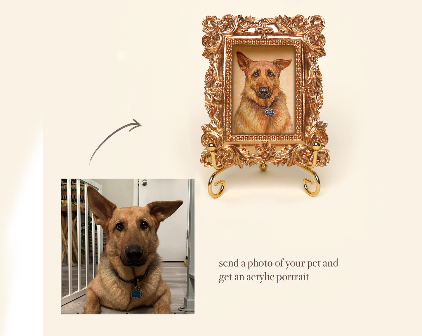 Custom Handmade Acrylic Pet Portrait in a Gold-Colored Vintage Rectangular Frame