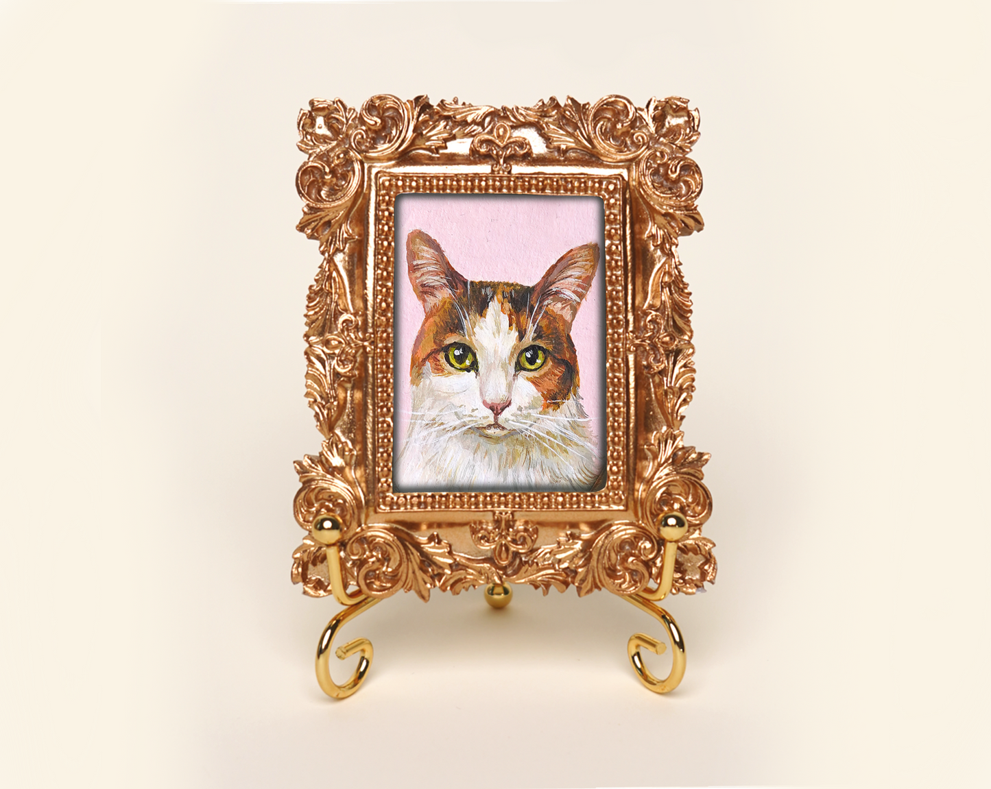 Custom Handmade Acrylic Pet Portrait in a Gold-Colored Vintage Rectangular Frame