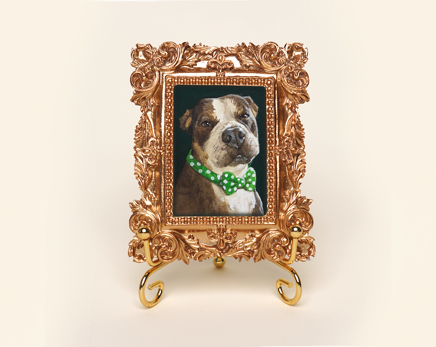 Custom Handmade Acrylic Pet Portrait in a Gold-Colored Vintage Rectangular Frame