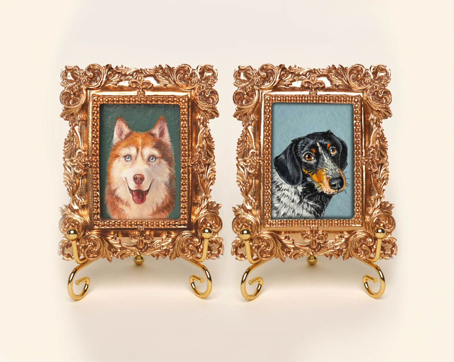 Custom Handmade Acrylic Pet Portrait in a Gold-Colored Vintage Rectangular Frame