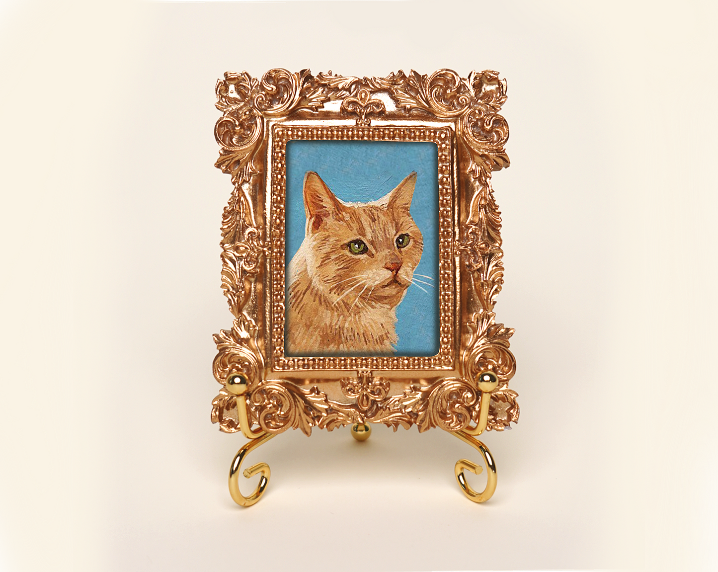 Custom Handmade Acrylic Pet Portrait in a Gold-Colored Vintage Rectangular Frame