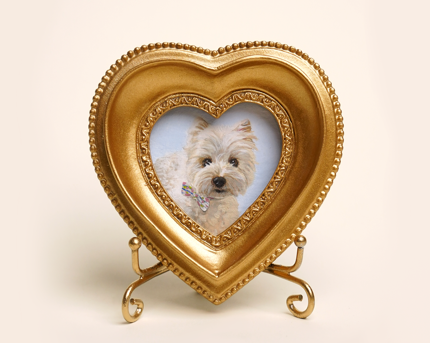 Custom Handmade Acrylic Pet Portrait in a Gold-Colored Heart-Shaped Frame