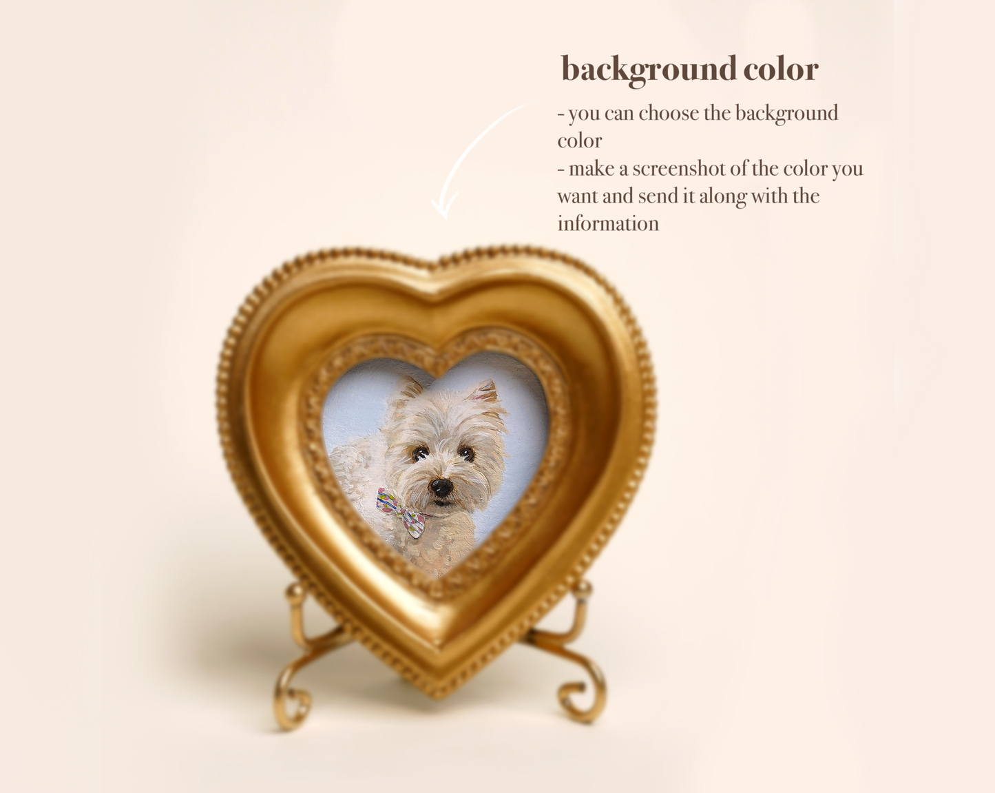 Custom Handmade Acrylic Pet Portrait in a Gold-Colored Heart-Shaped Frame