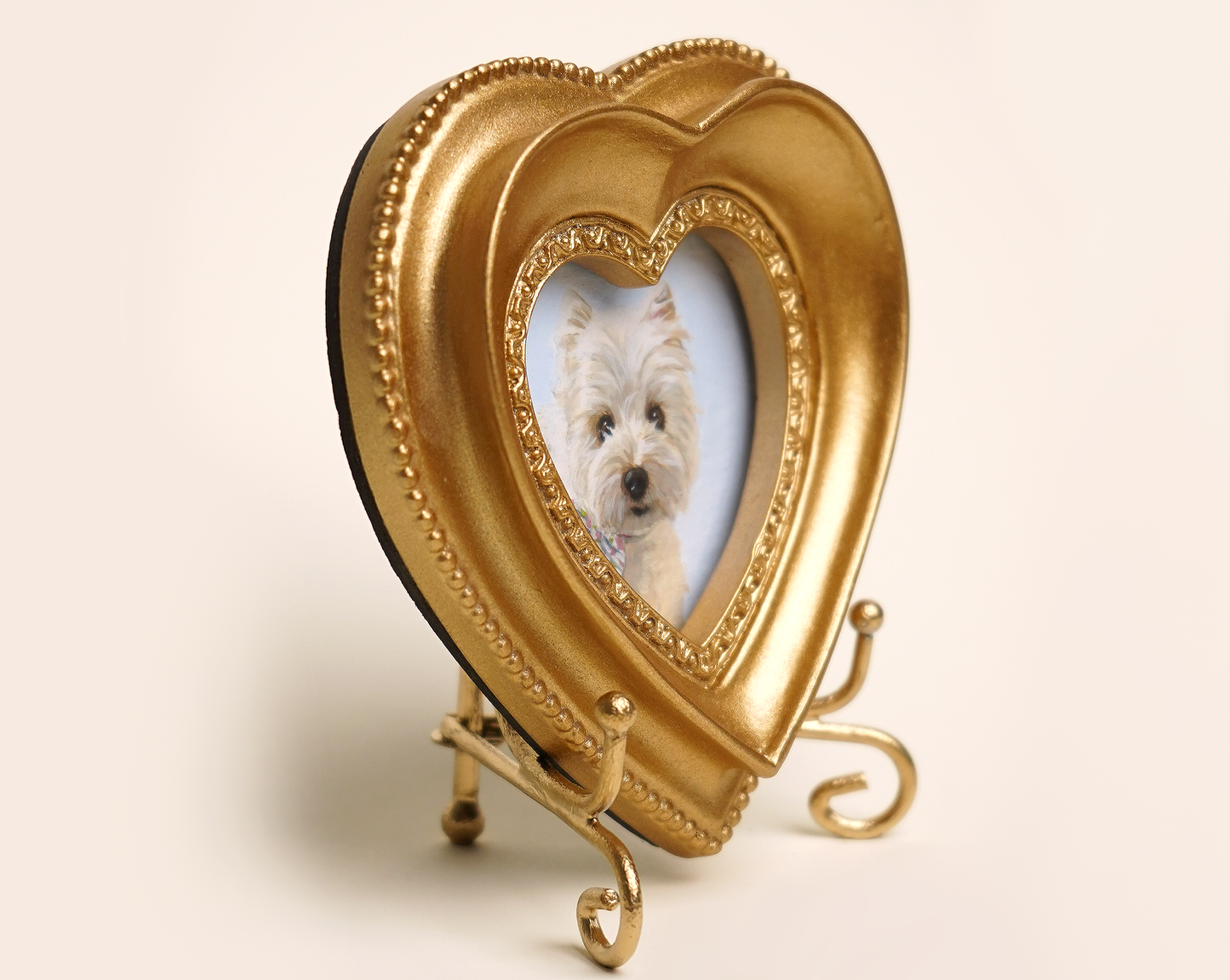 Custom Handmade Acrylic Pet Portrait in a Gold-Colored Heart-Shaped Frame