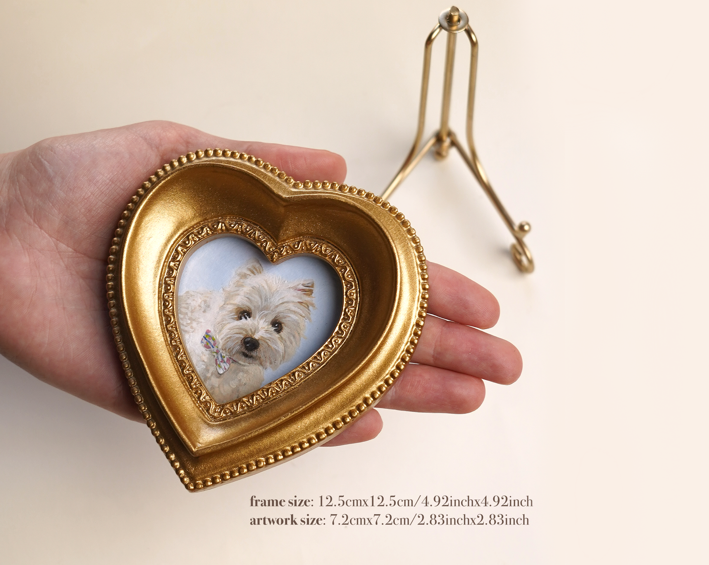 Custom Handmade Acrylic Pet Portrait in a Gold-Colored Heart-Shaped Frame