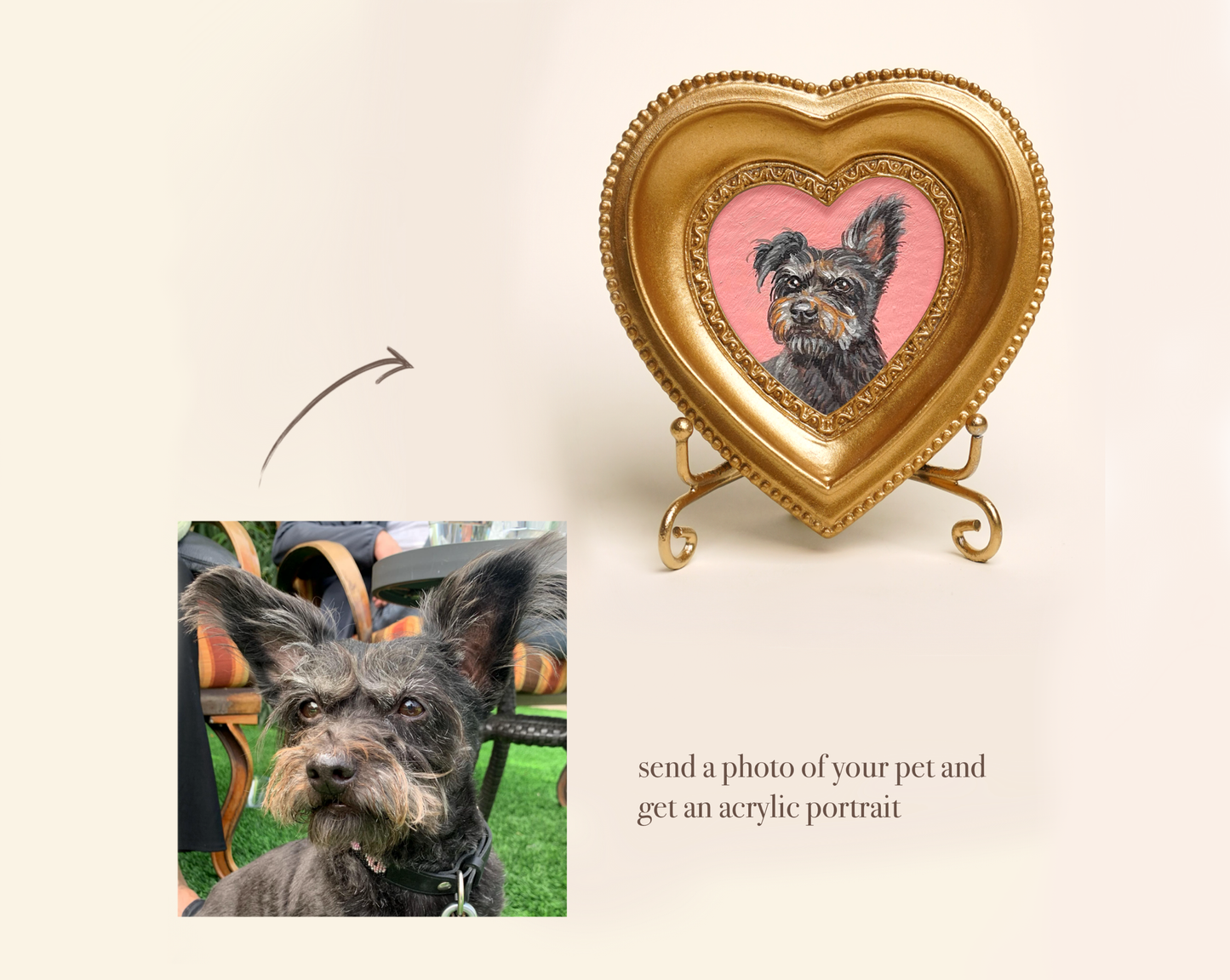 Custom Handmade Acrylic Pet Portrait in a Gold-Colored Heart-Shaped Frame