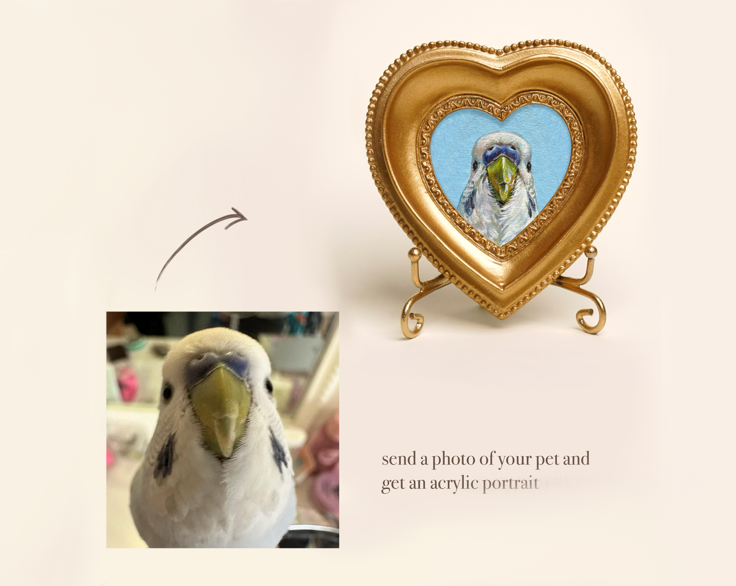 Custom Handmade Acrylic Pet Portrait in a Gold-Colored Heart-Shaped Frame