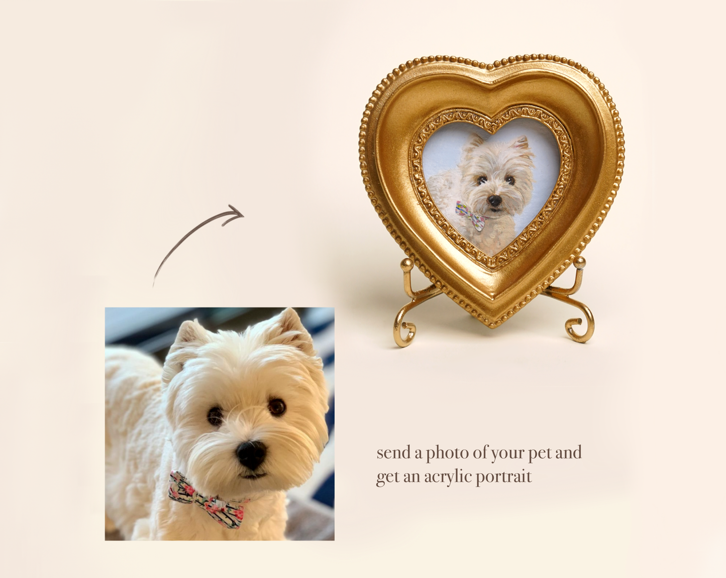 Custom Handmade Acrylic Pet Portrait in a Gold-Colored Heart-Shaped Frame