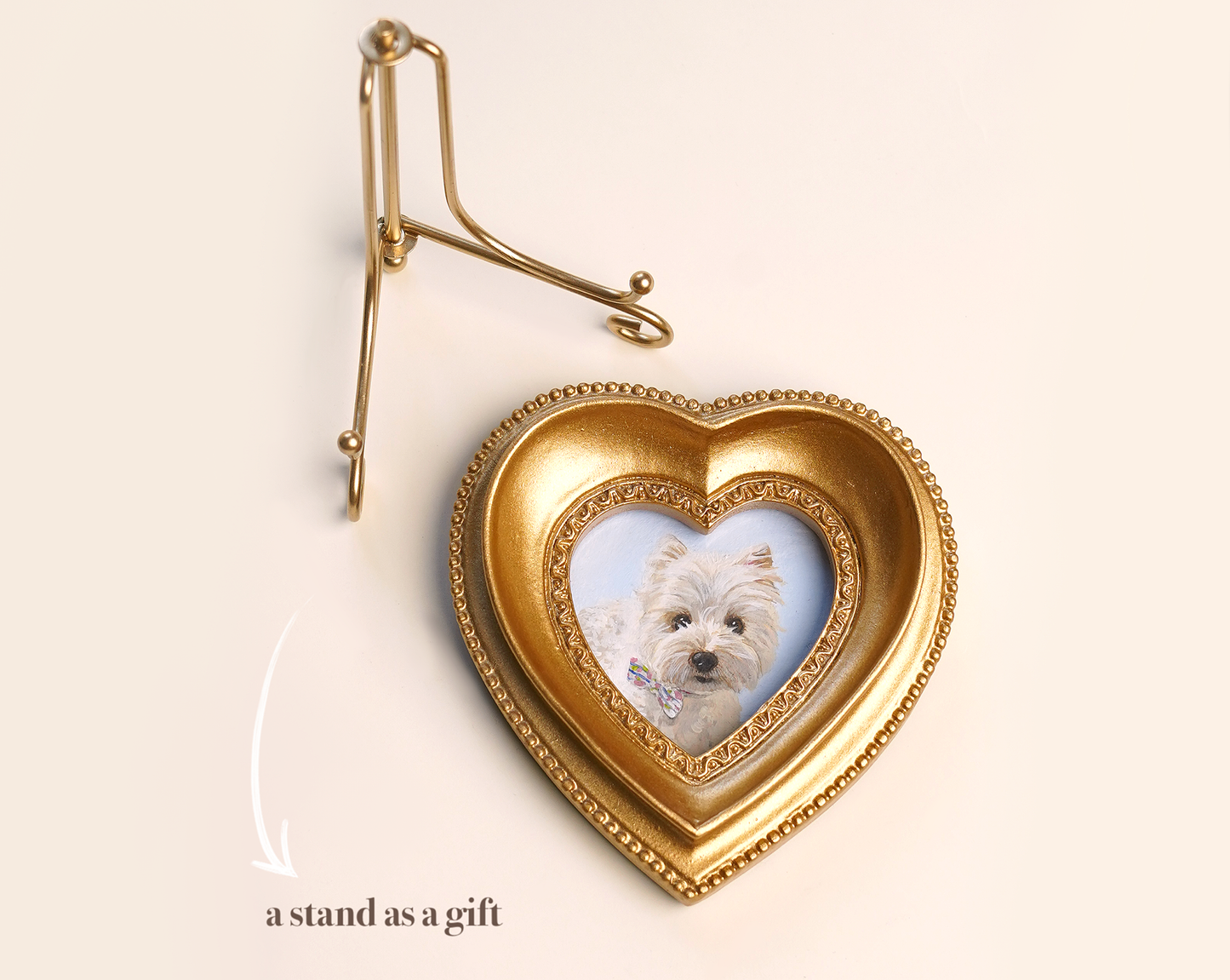 Custom Handmade Acrylic Pet Portrait in a Gold-Colored Heart-Shaped Frame