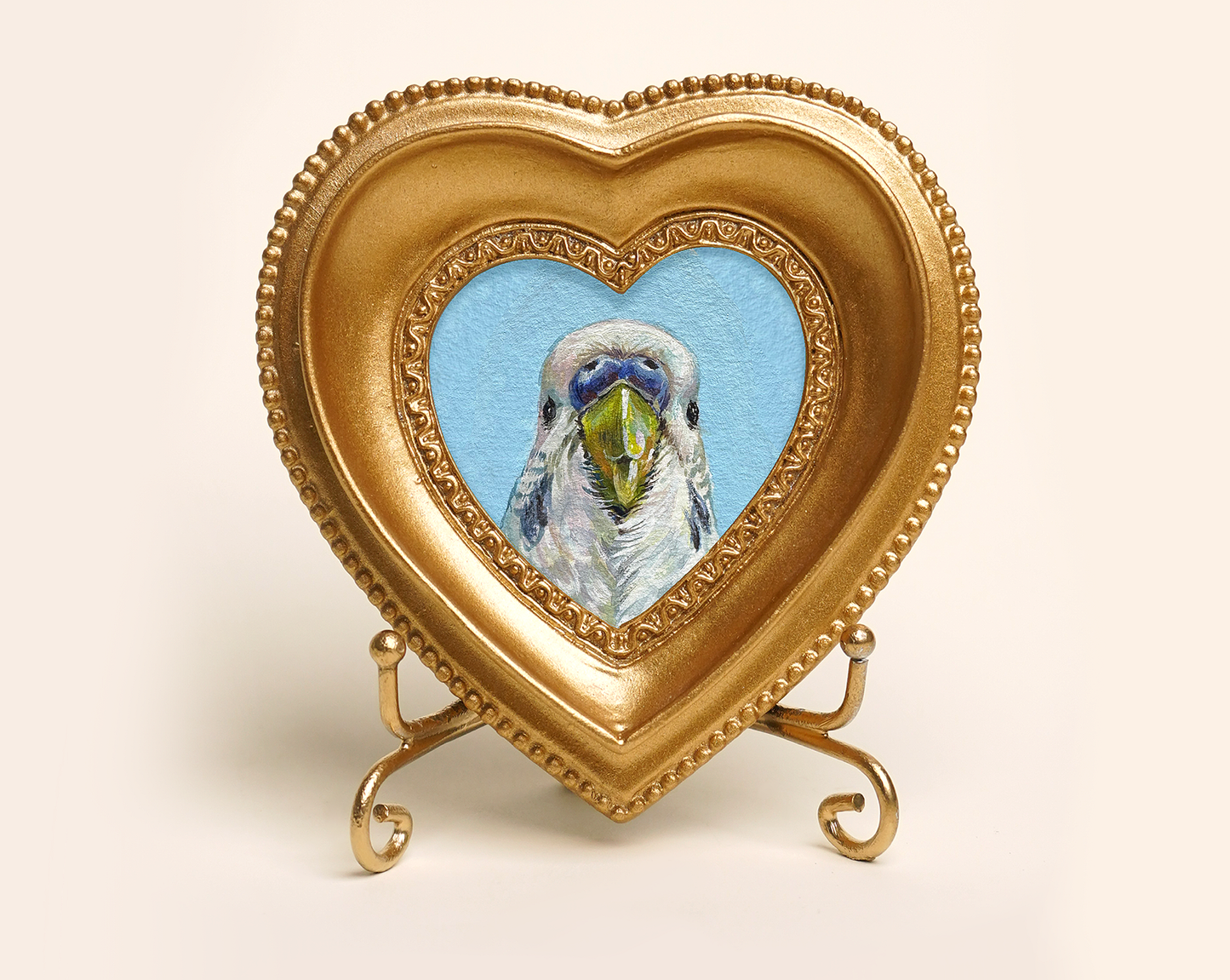 Custom Handmade Acrylic Pet Portrait in a Gold-Colored Heart-Shaped Frame