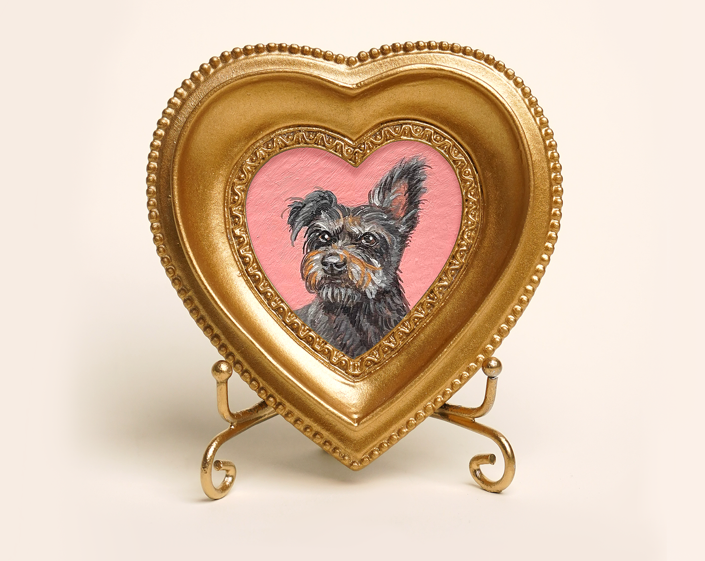 Custom Handmade Acrylic Pet Portrait in a Gold-Colored Heart-Shaped Frame