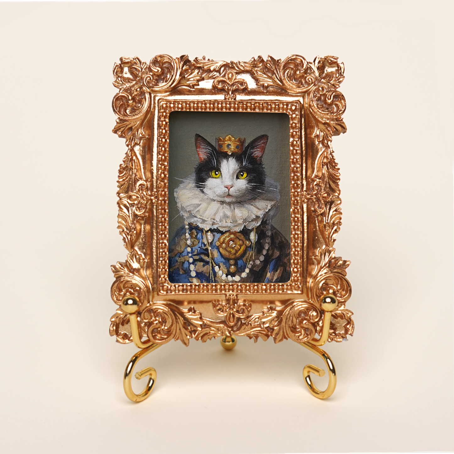 Mini Custom Hand-Painted Pet Portrait in Regal Costume, Acrylic with Gold Vintage Frame