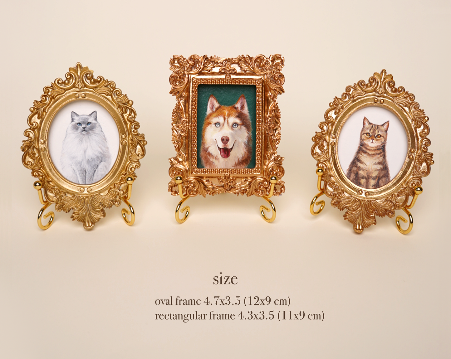 Custom Handmade Acrylic Pet Portrait in a Gold-Colored Vintage Rectangular Frame