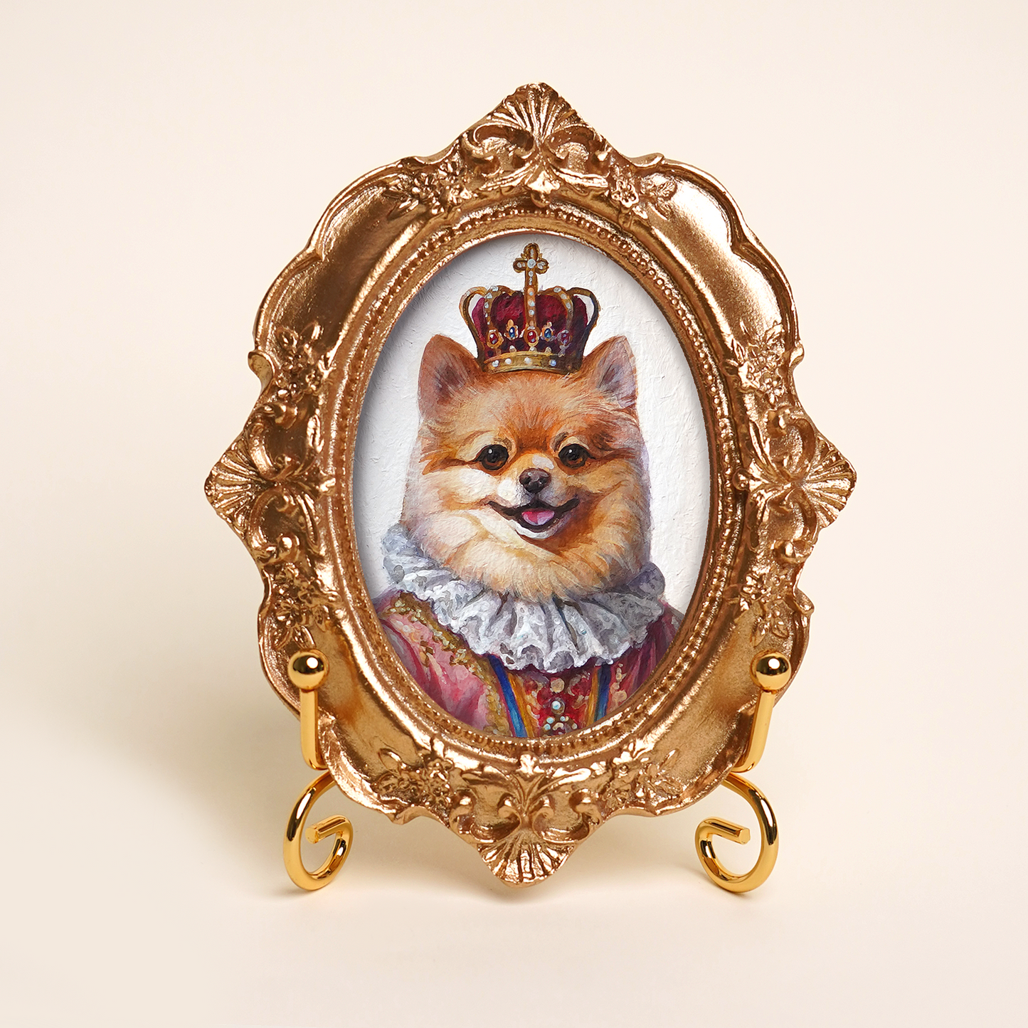 Custom Pet Portrait in Renaissance Costume, Hand-Painted Acrylic, Gold Vintage Frame