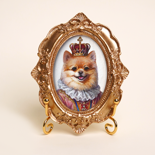Custom Pet Portrait in Renaissance Costume, Hand-Painted Acrylic, Gold Vintage Frame