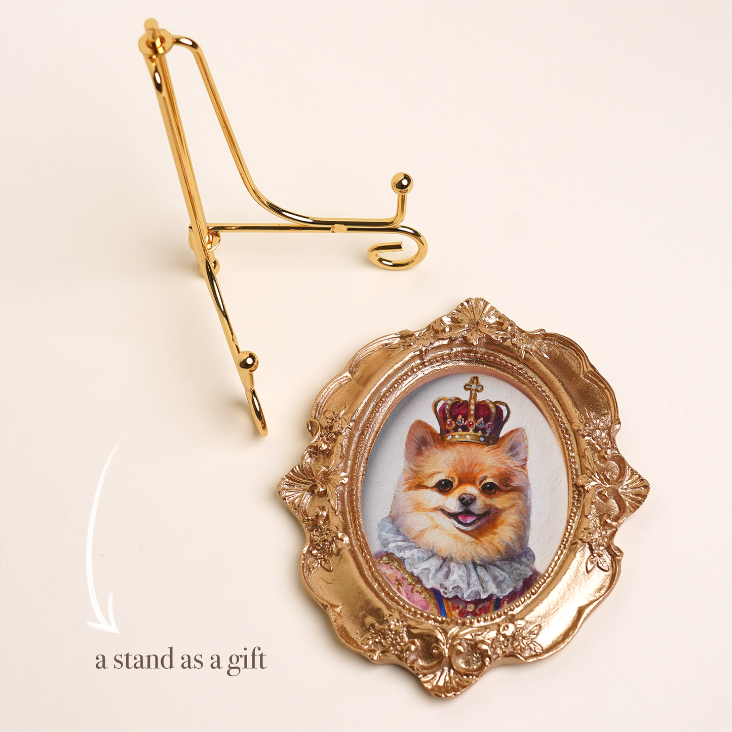 Custom Pet Portrait in Renaissance Costume, Hand-Painted Acrylic, Gold Vintage Frame