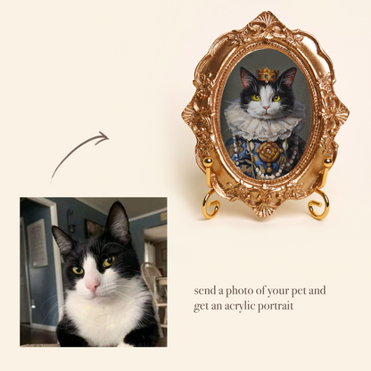 Custom Pet Portrait in Renaissance Costume, Hand-Painted Acrylic, Gold Vintage Frame