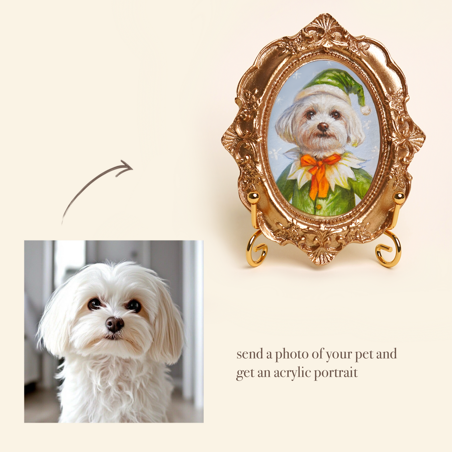Custom Pet Portrait in Renaissance Costume, Hand-Painted Acrylic, Gold Vintage Frame