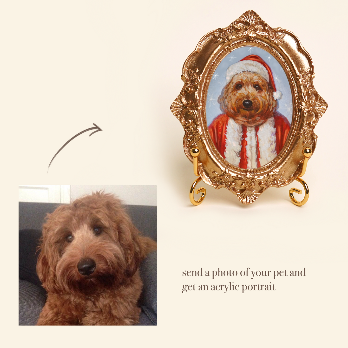 Custom Pet Portrait in Renaissance Costume, Hand-Painted Acrylic, Gold Vintage Frame
