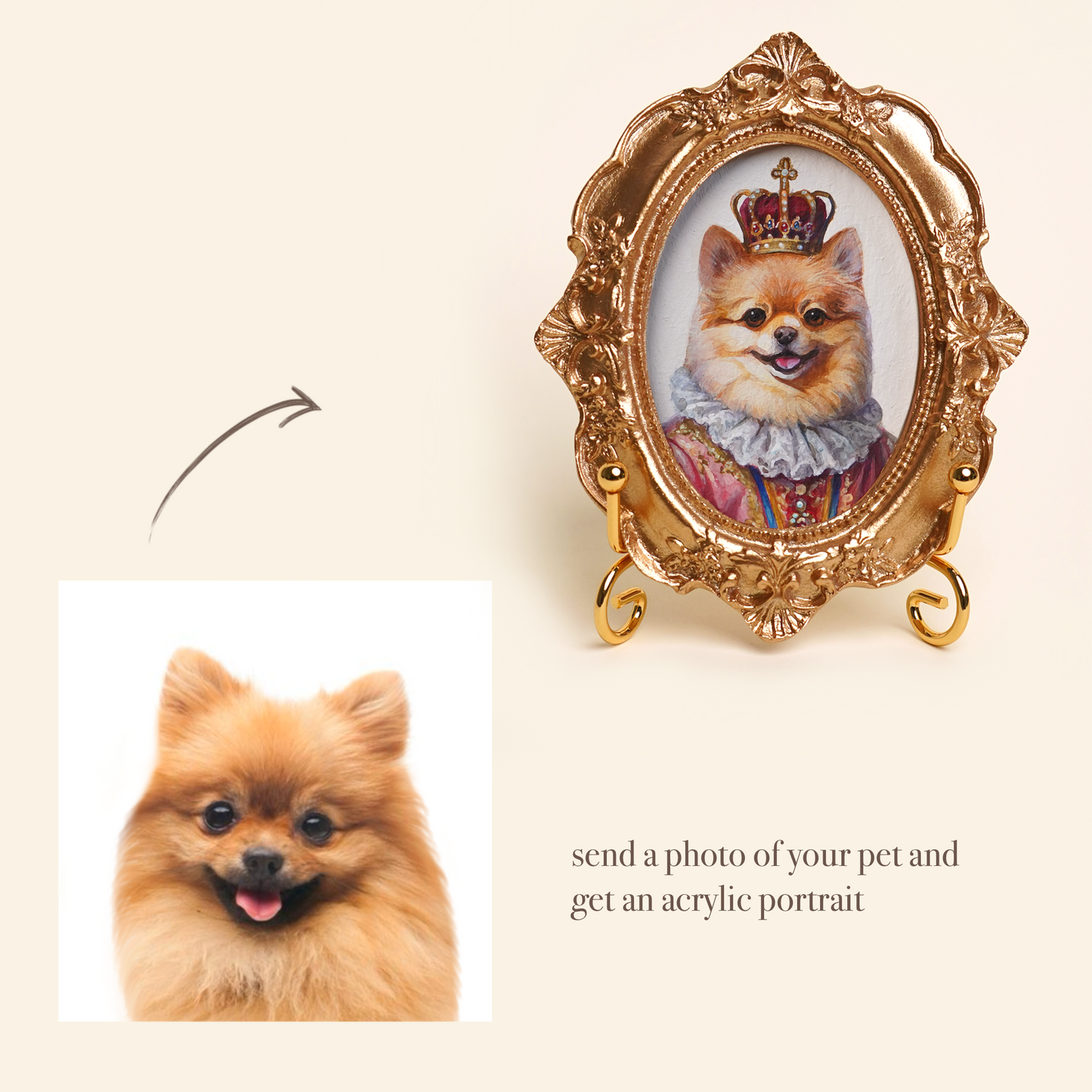Custom Pet Portrait in Renaissance Costume, Hand-Painted Acrylic, Gold Vintage Frame