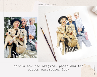 Custom Watercolor Family Portrait with Pets