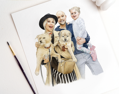 Custom Watercolor Family Portrait with Pets