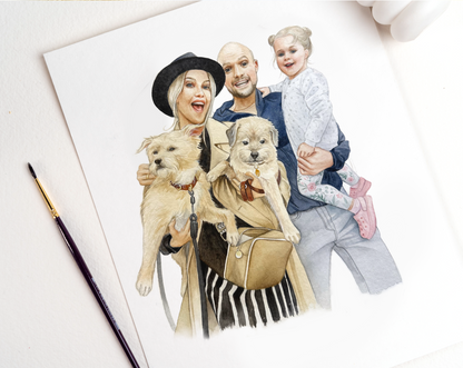 Handmade Custom Watercolor Family Portrait with Pets