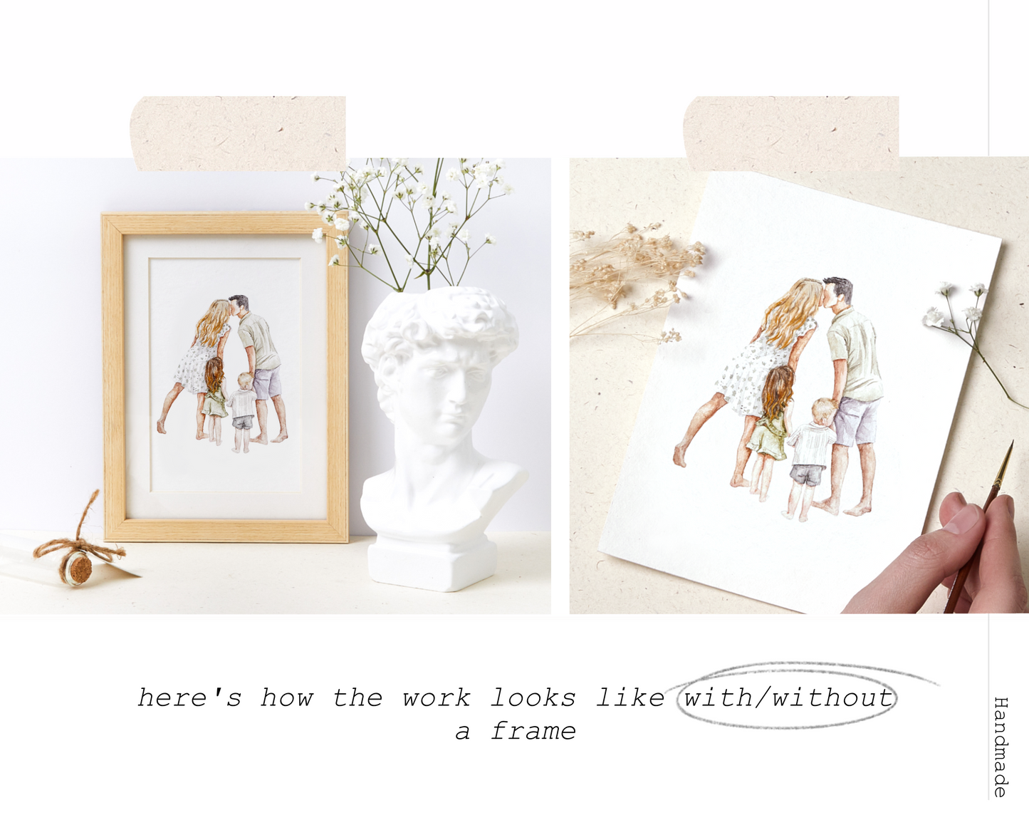Watercolor Family Portrait | Portrait from Photo | Family Portrait with Pets | Family Portrait with Frame | People Portrait from Photo
