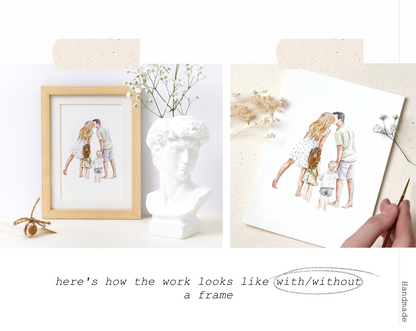 Watercolor Family Portrait | Portrait from Photo | Family Portrait with Pets | Family Portrait with Frame | People Portrait from Photo