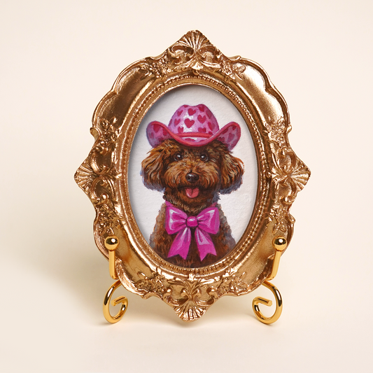 Personalized Pet Portrait in Costume, Mini Acrylic Painting with Gold Vintage Frame